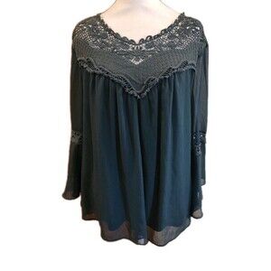 AGB Blouse Women's 1X Dark Green Boho Style Lined Top Sheer Sleeve